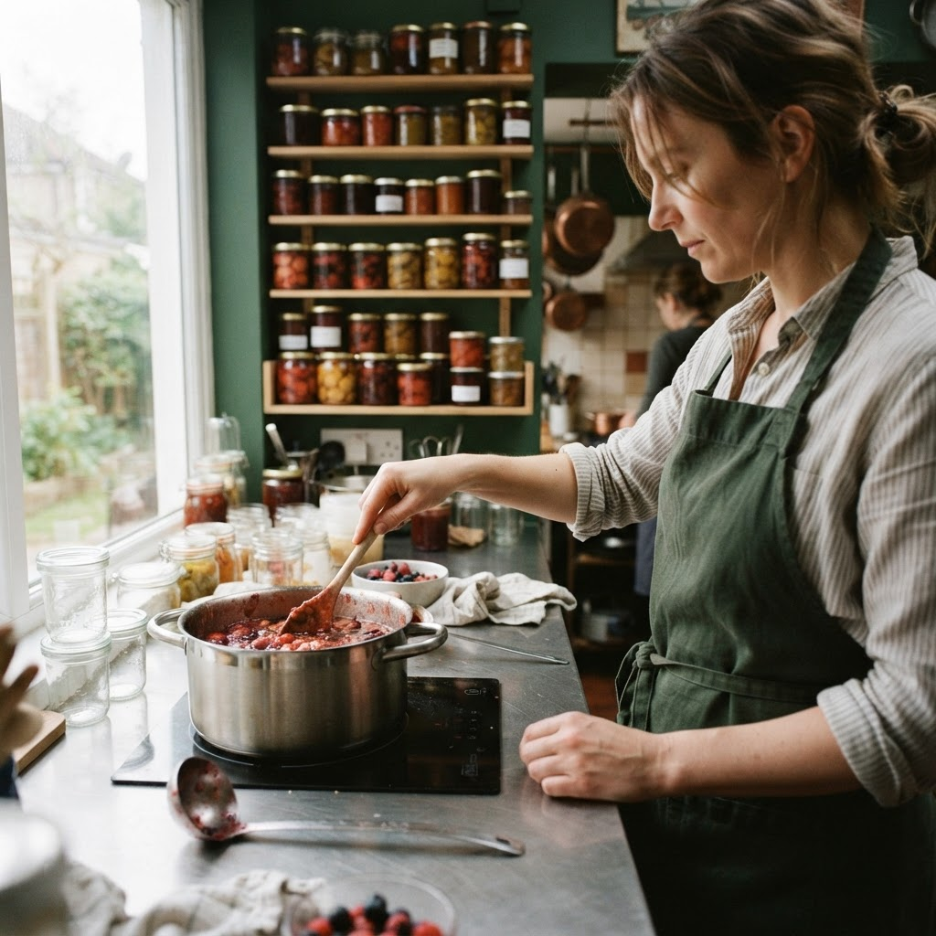 Une productrice prépare une confiture dans sa cuisine, entourée de bocaux