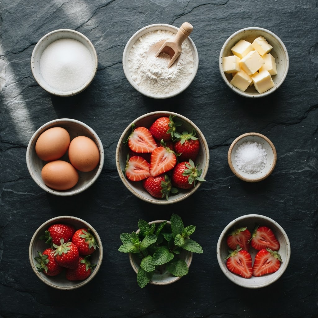 Ingrédients d'une recette de confiture, pesés et disposés dans des bols