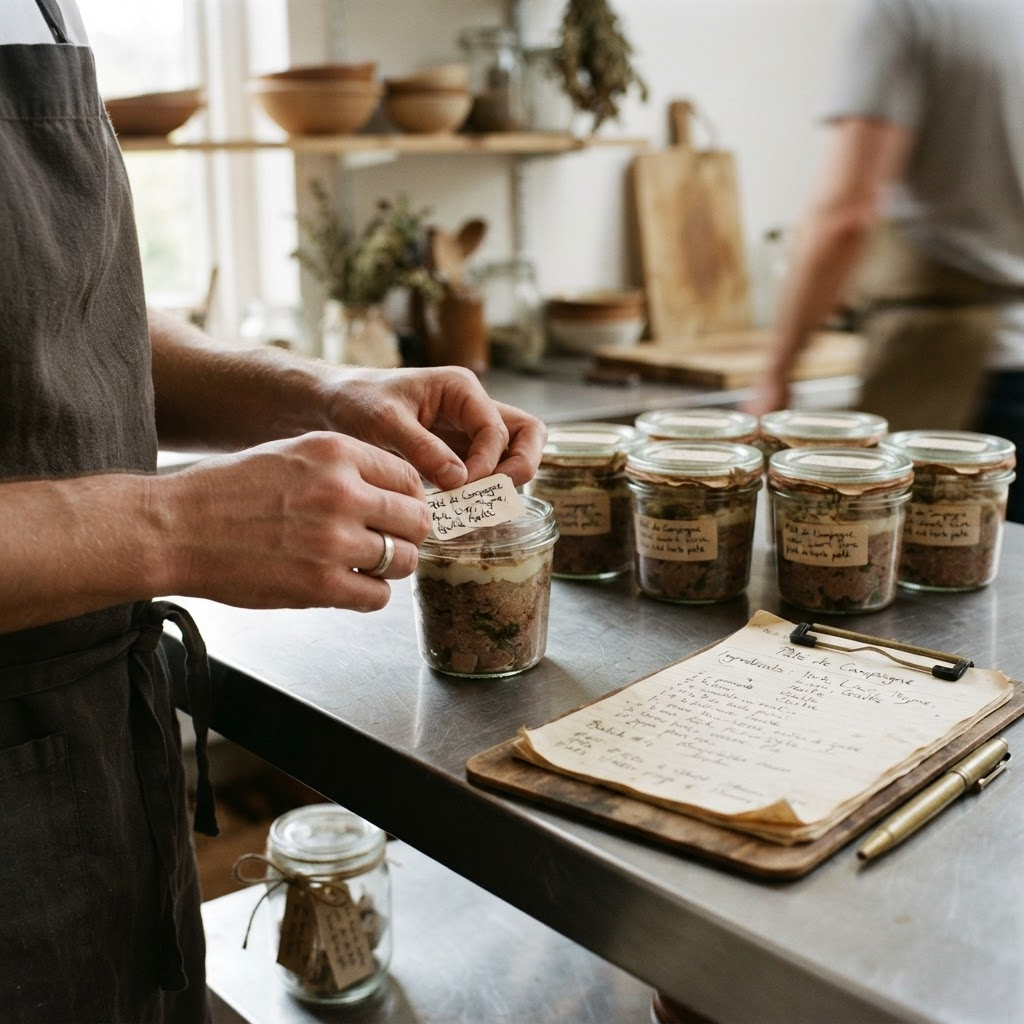 Un producteur étiquette des pots dans son atelier